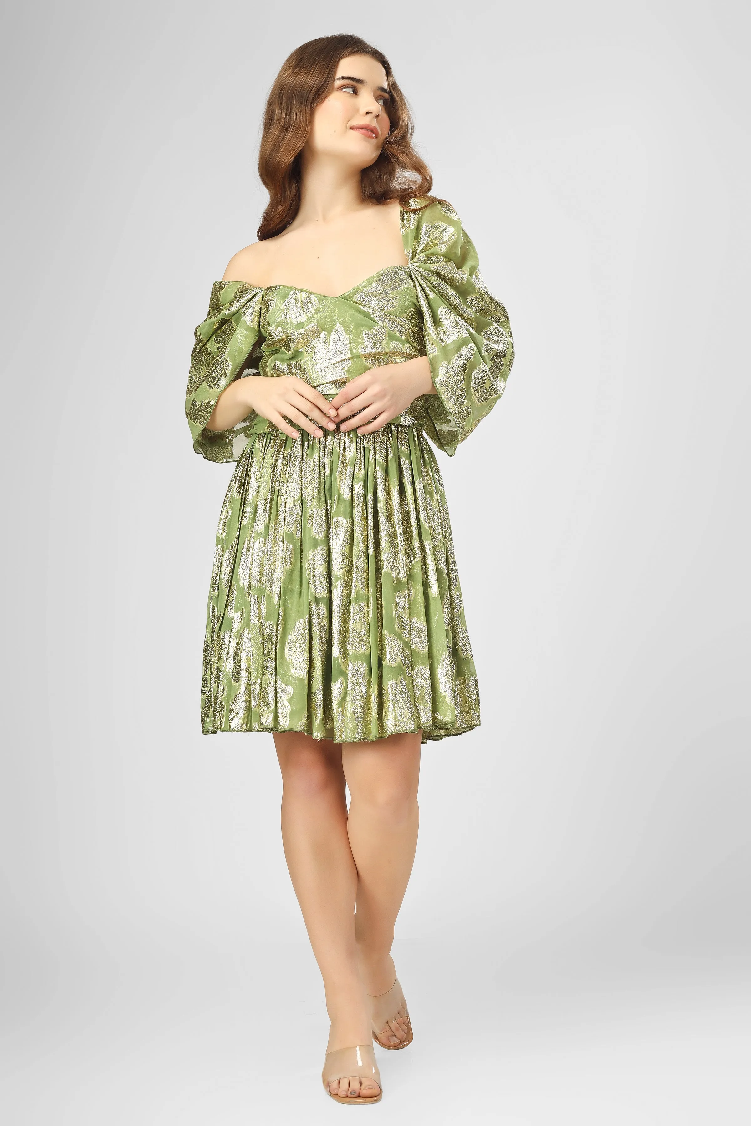 Sydney Metallic Printed Mini Dress in Olive Green sold by Lace & Beads product image thumbnail 3