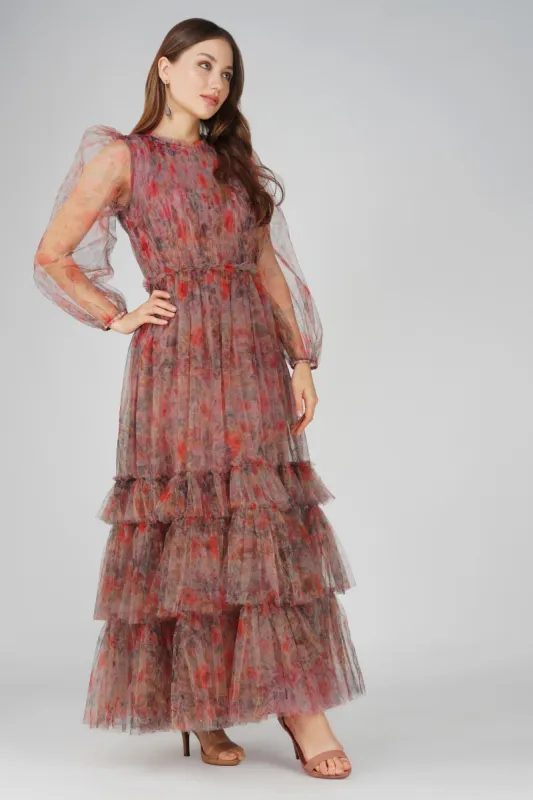 Carina Long Sleeve Floral Maxi Dress in Dusty Rose sold by Lace & Beads