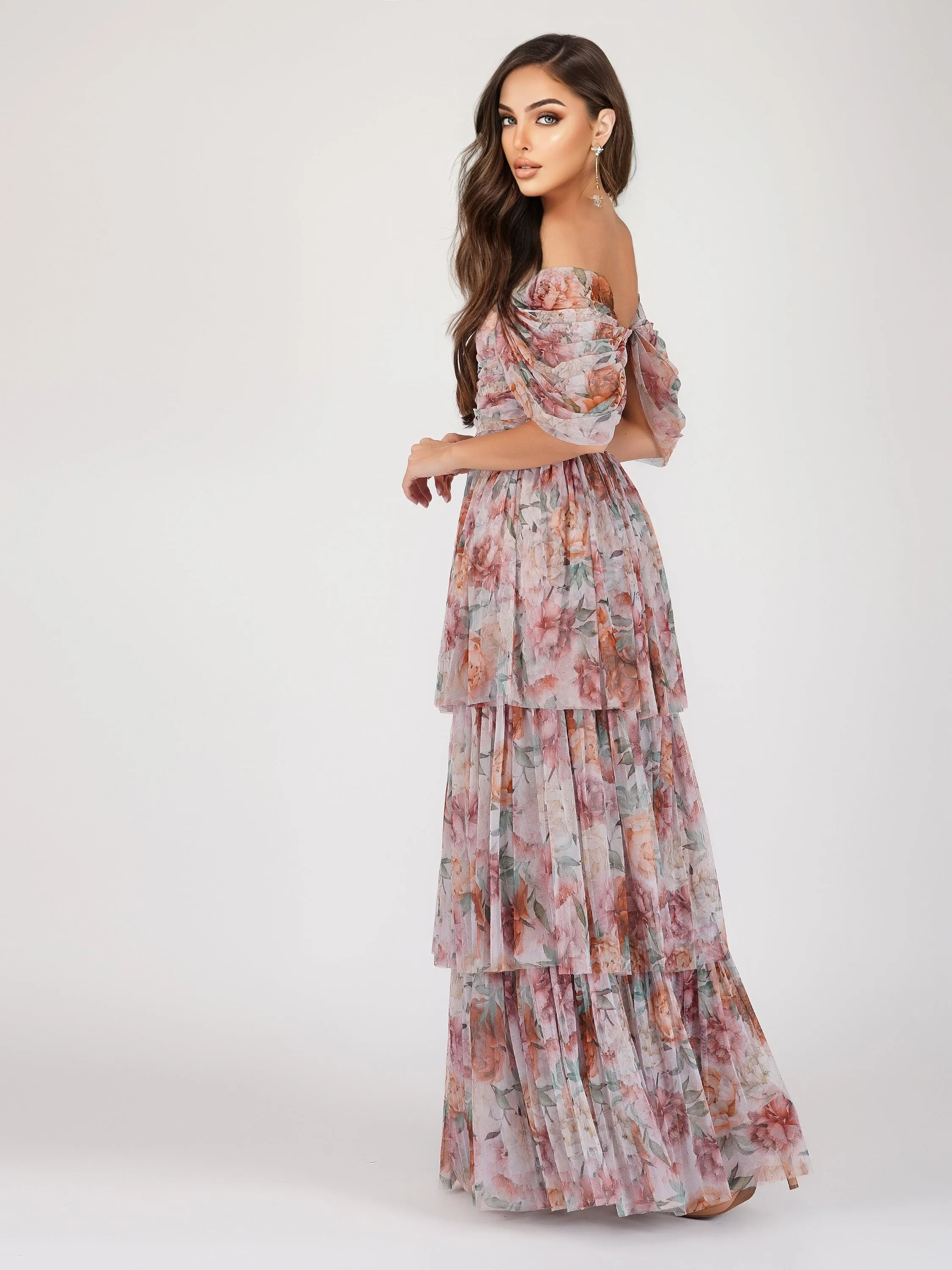 Sydney Off Shoulder Tulle Maxi Dress in Brown Floral sold by Lace & Beads product image thumbnail 2