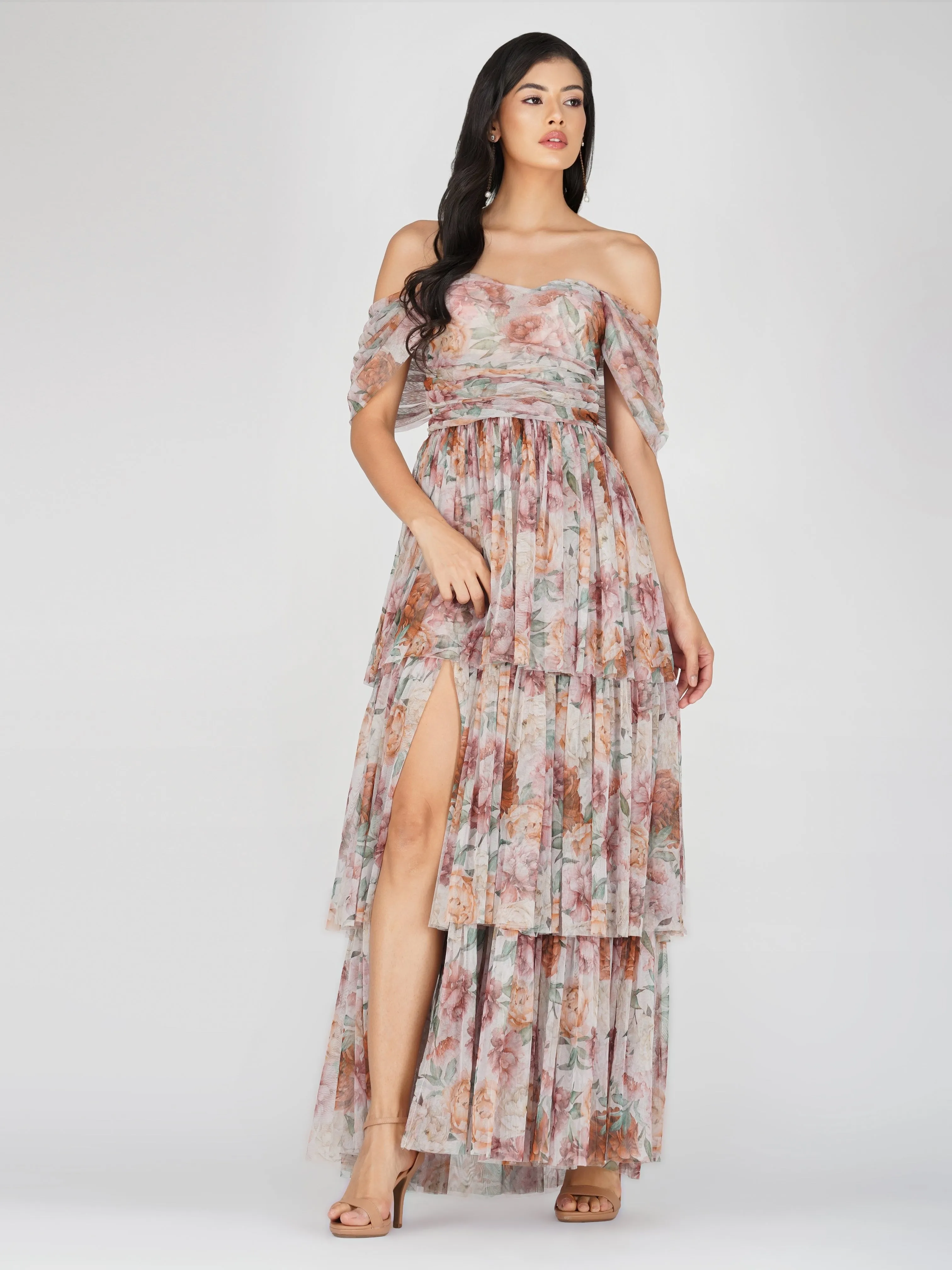 Sydney Off Shoulder Tulle Maxi Dress in Brown Floral sold by Lace & Beads product image thumbnail 5