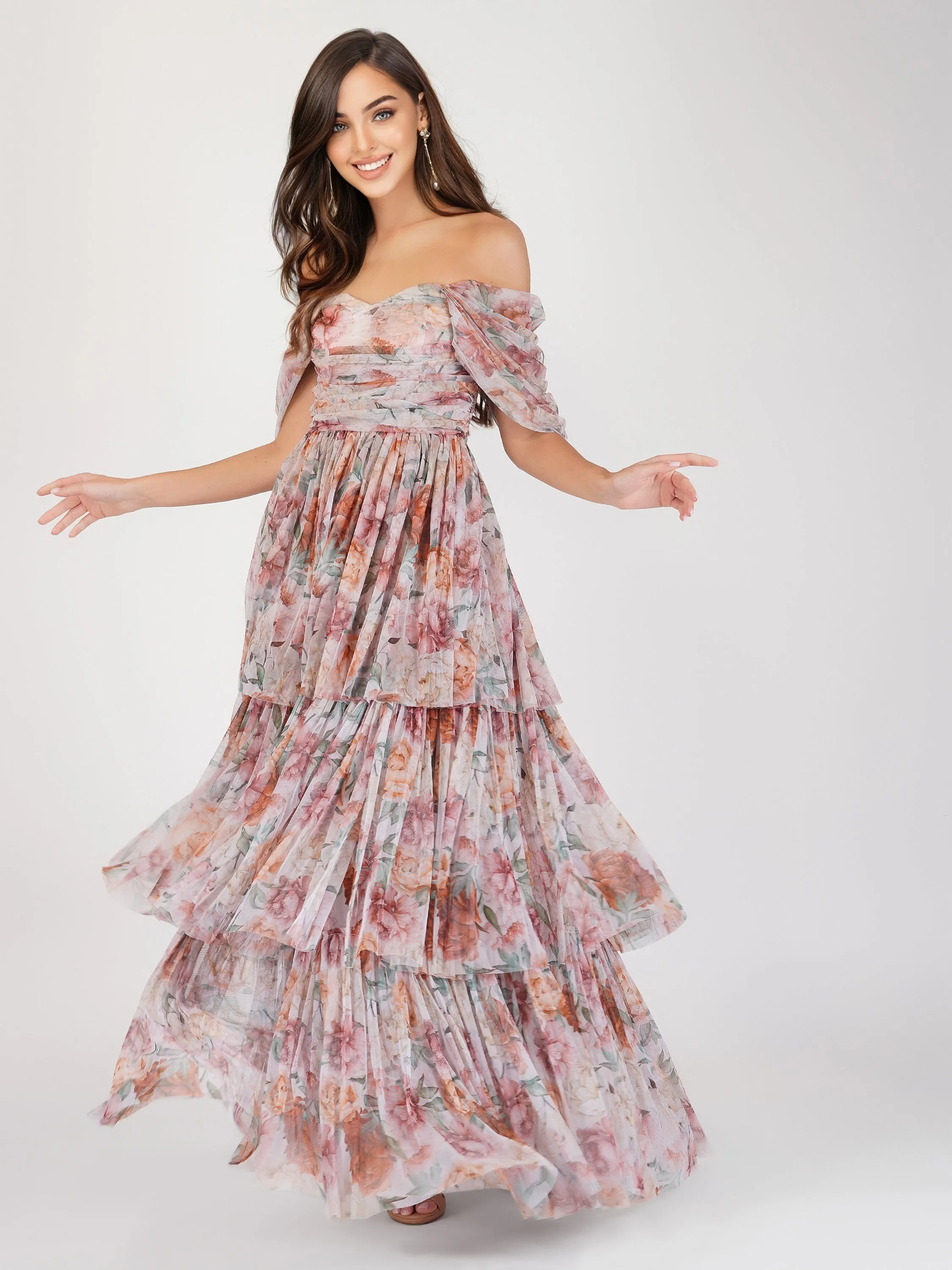 Sydney Off Shoulder Tulle Maxi Dress in Brown Floral sold by Lace & Beads product image thumbnail 3