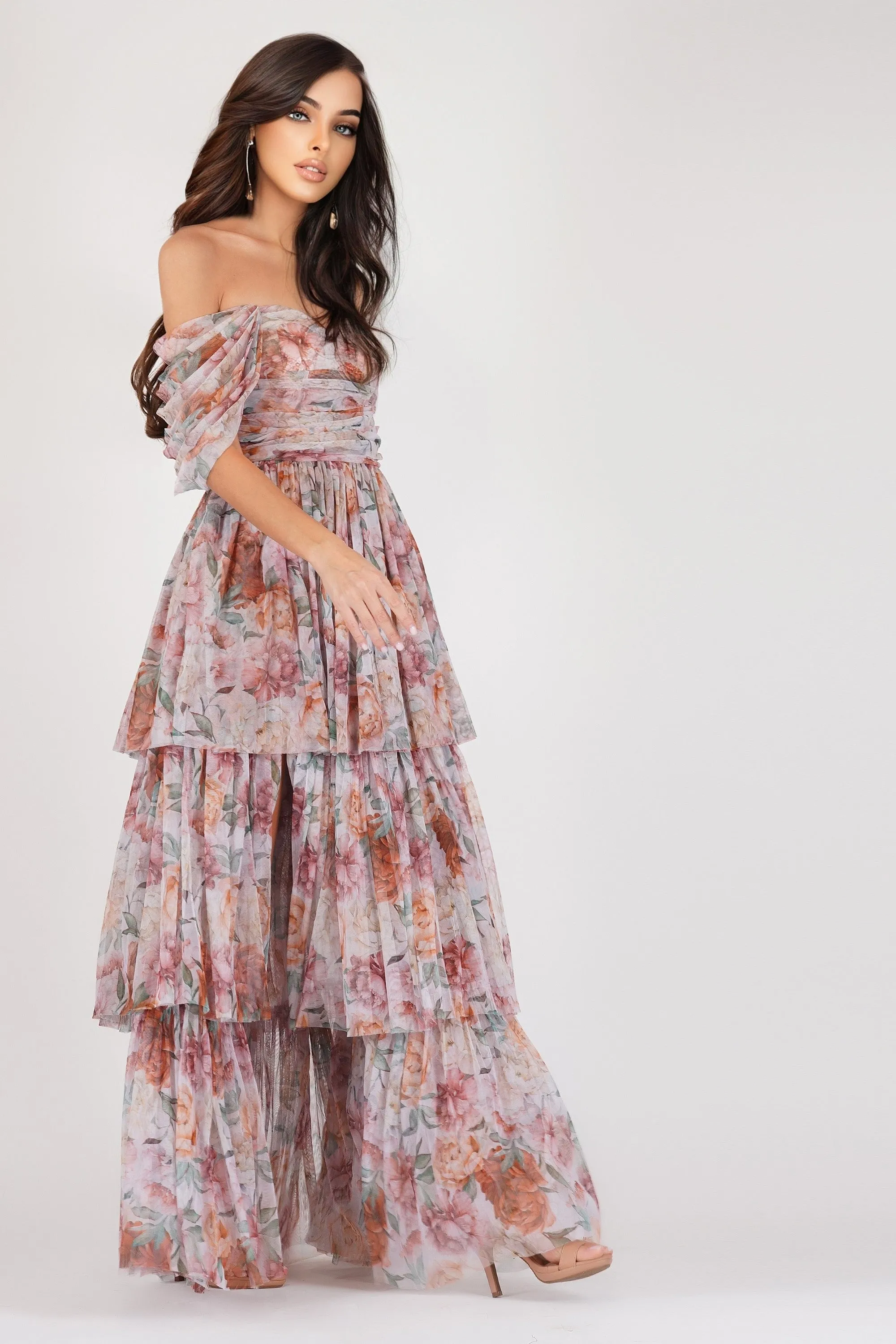 Sydney Off Shoulder Tulle Maxi Dress in Brown Floral sold by Lace & Beads