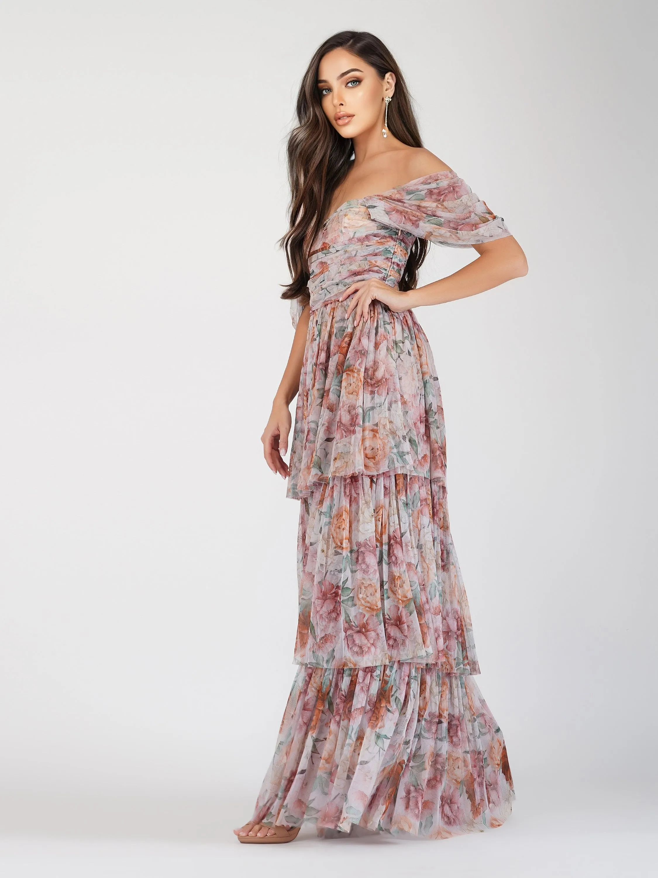 Sydney Off Shoulder Tulle Maxi Dress in Brown Floral sold by Lace & Beads product image thumbnail 4