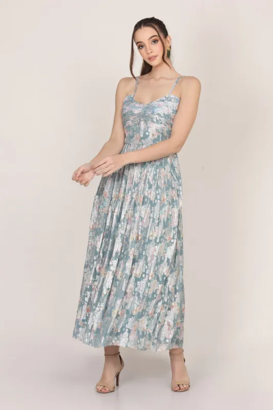 Nelex Metallic Printed Midi Dress in Blue sold by Lace & Beads
