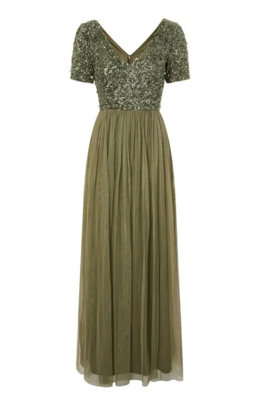 Chandelier Embellished Maxi Dress in Dark Olive made by Lace & Beads
