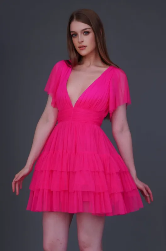 Madison Bright Pink Tulle Mini Dress sold by Lace & Beads