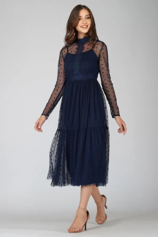 Roman Lola Polka Dot Midi Dress in Navy Blue sold by Lace & Beads