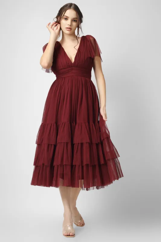 Madison Burgundy Bridesmaid Tulle Midi Dress sold by Lace & Beads