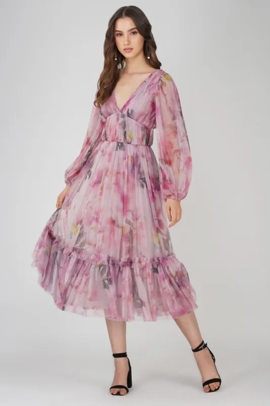 Rachel Purple Printed Midi Dress made by Lace & Beads