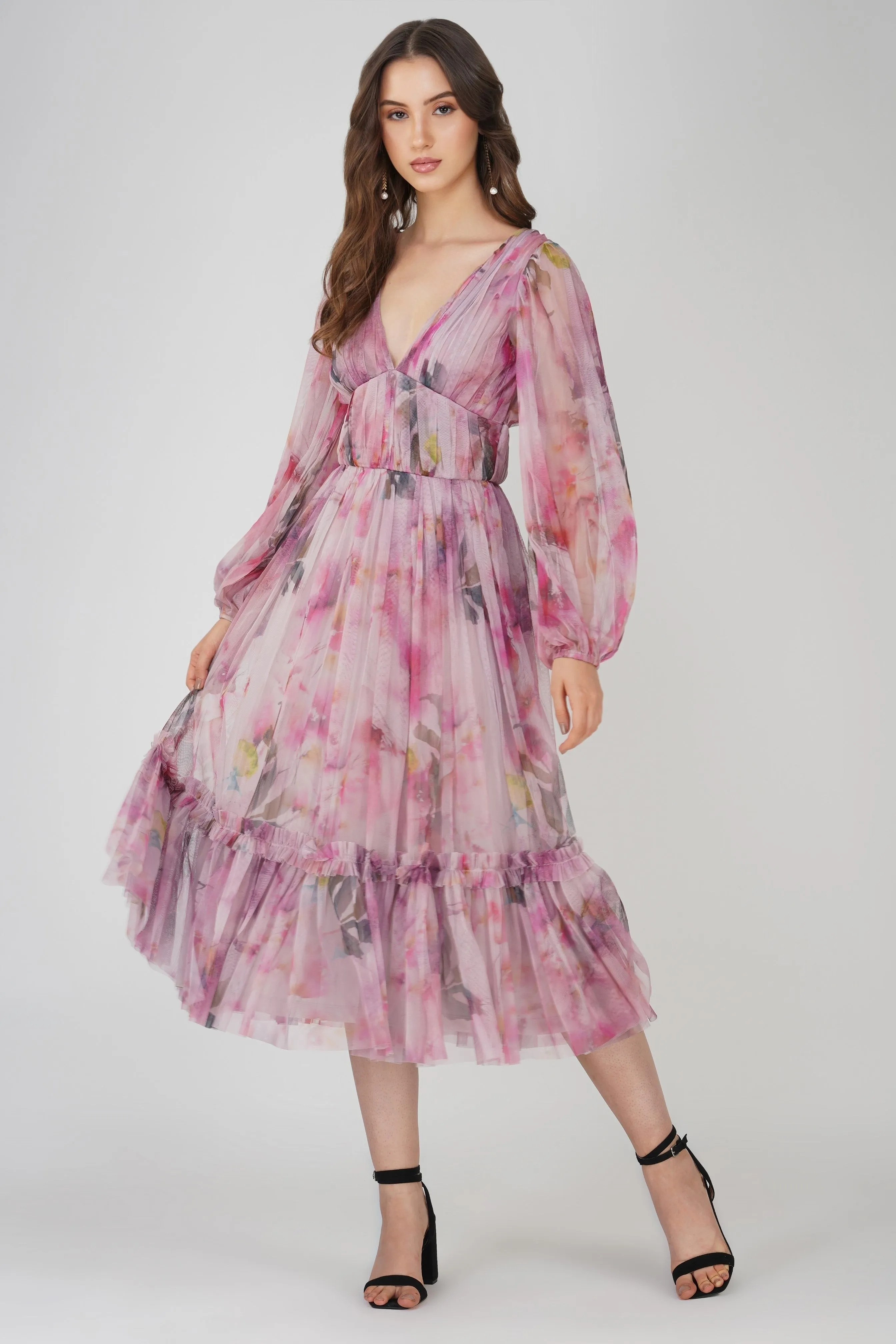 Rachel Purple Printed Midi Dress sold by Lace & Beads