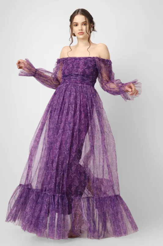 Ruth Purple Printed Tulle Dress sold by Lace & Beads