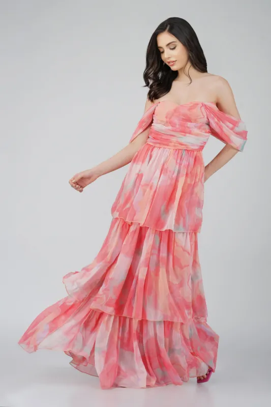 Sydney Chiffon Maxi Dress in Coral Print sold by Lace & Beads