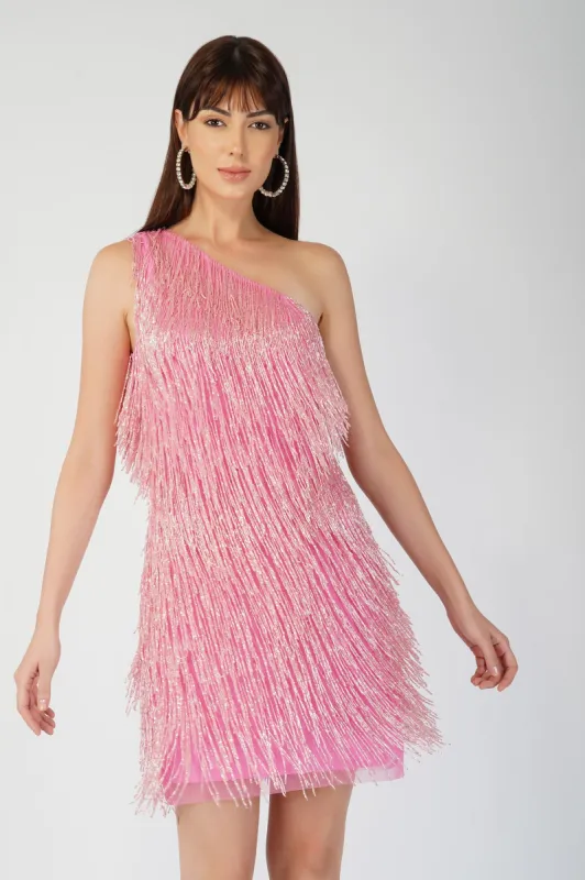 Athena Embellished Pink Fringe Mini Dress made by Lace & Beads