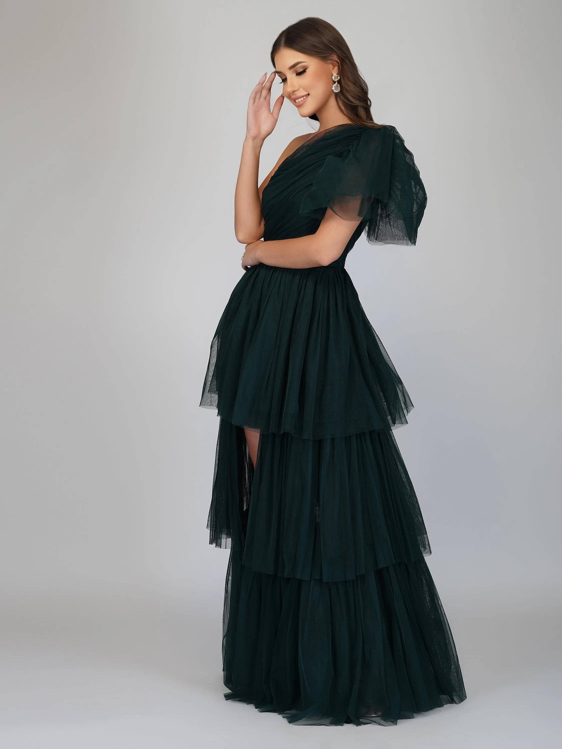 Rowena Emerald Green One Shoulder Tulle Gown sold by Lace & Beads product image thumbnail 4