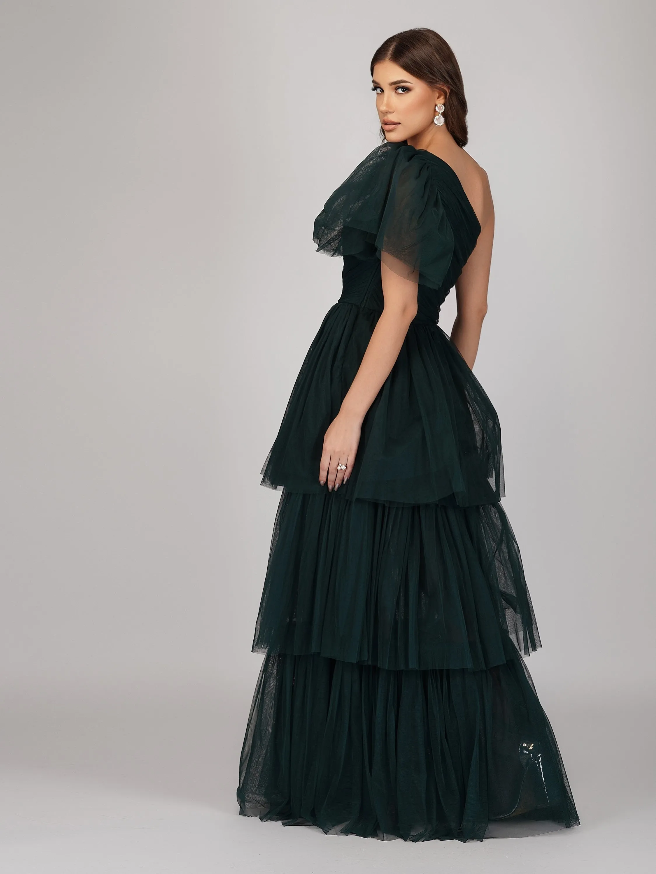 Rowena Emerald Green One Shoulder Tulle Gown sold by Lace & Beads product image thumbnail 2