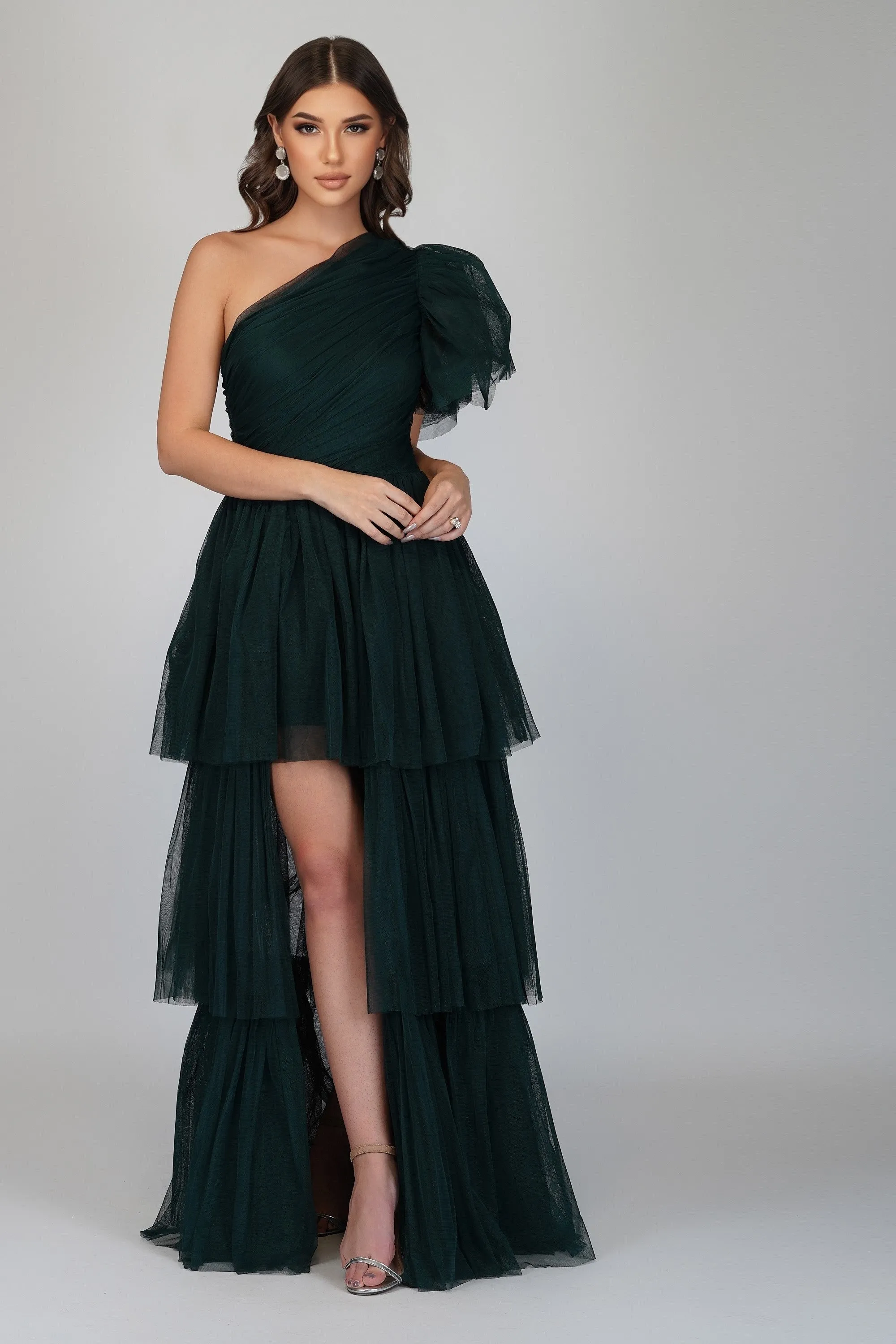 Rowena Emerald Green One Shoulder Tulle Gown sold by Lace & Beads
