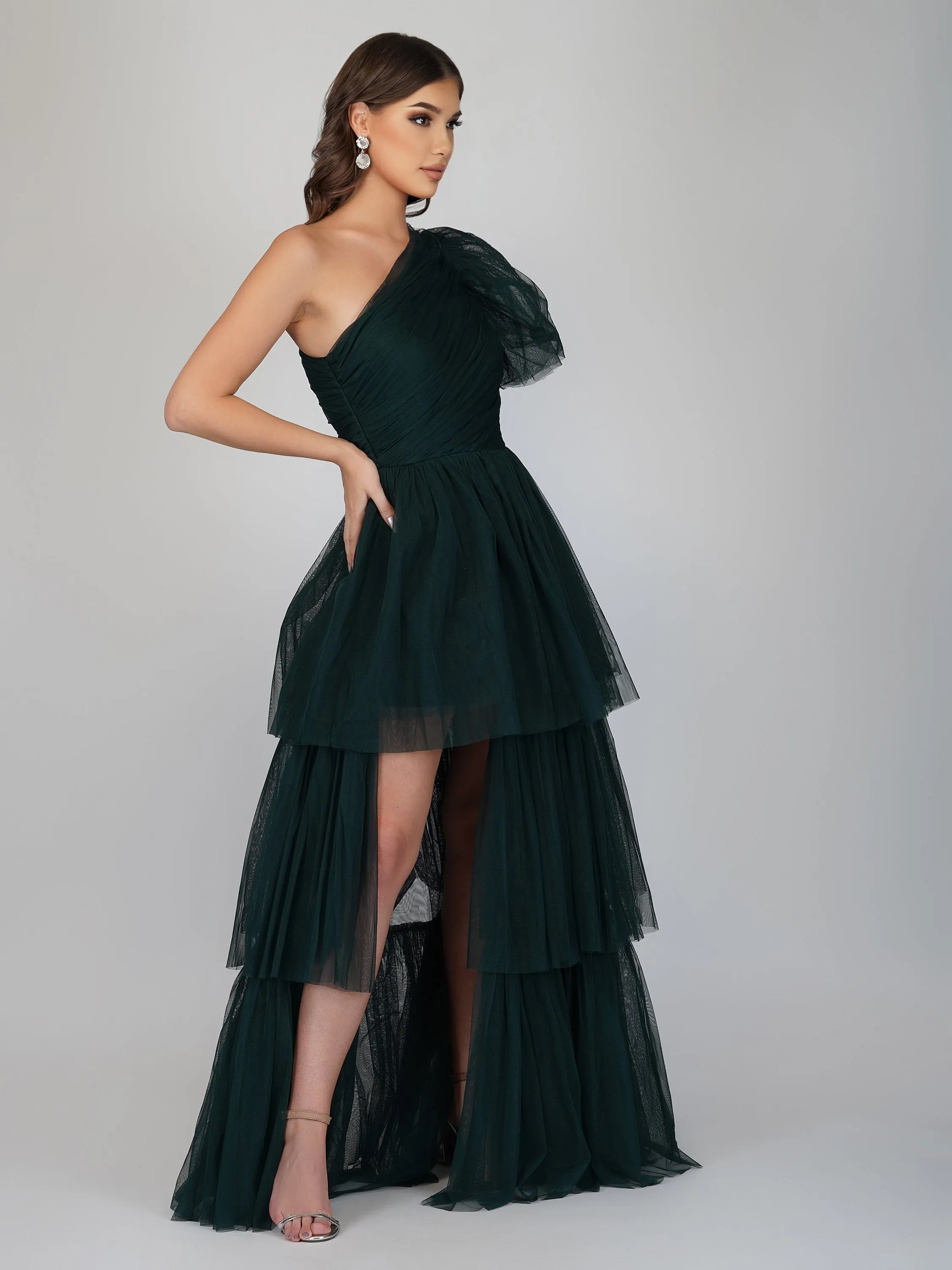 Rowena Emerald Green One Shoulder Tulle Gown sold by Lace & Beads product image thumbnail 3
