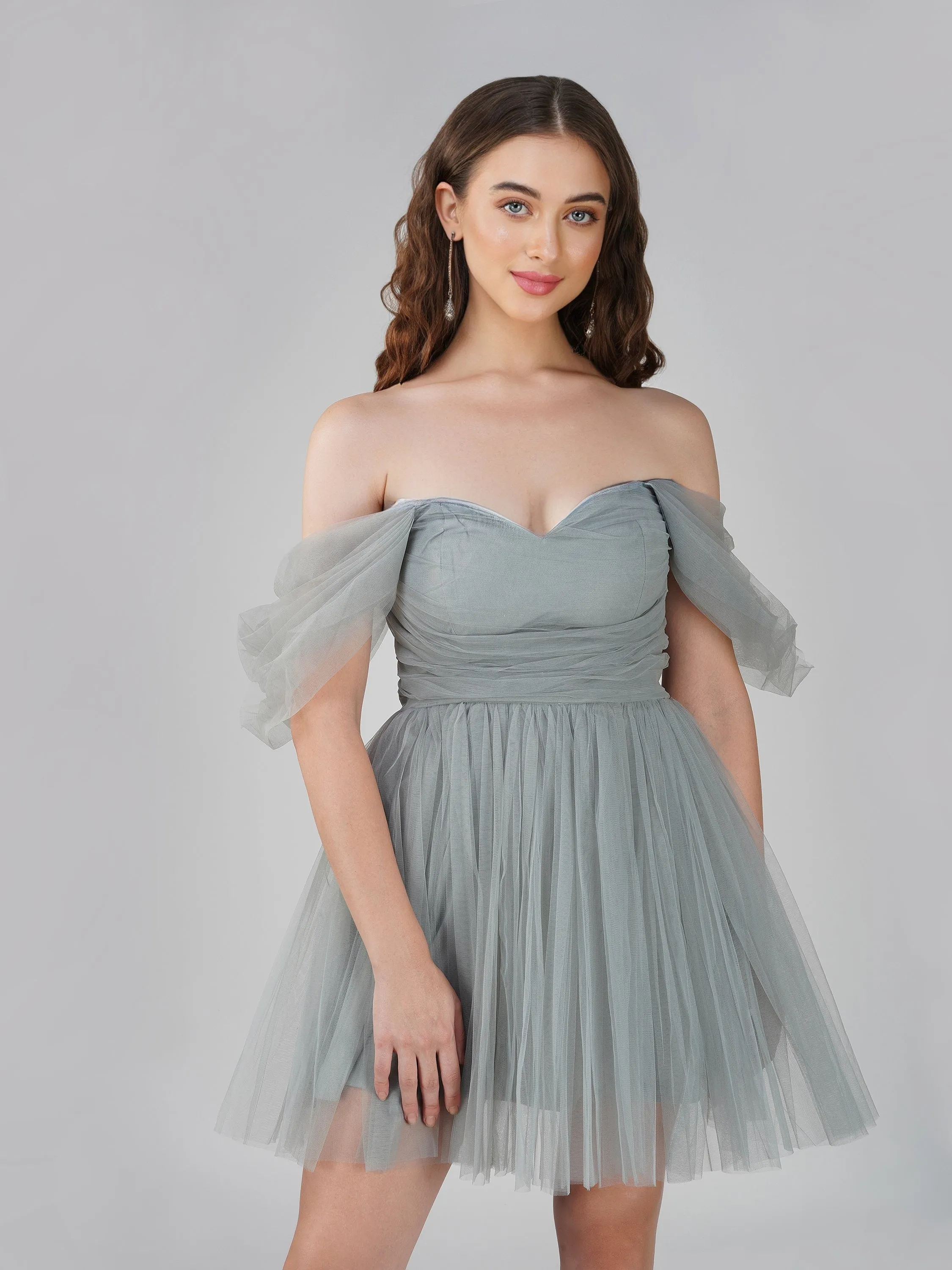 Sydney Dusty Blue Tulle Mini Dress sold by Lace & Beads