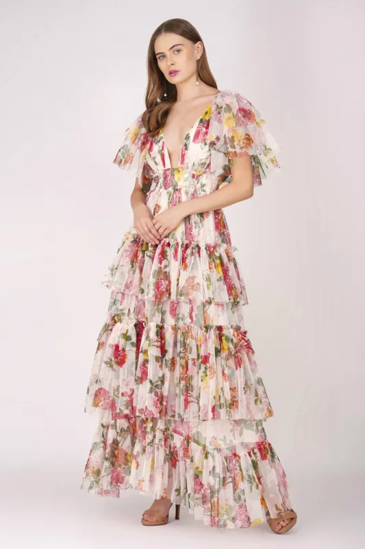 Jasmine Soft Tulle Maxi Dress in Floral Print made by Lace & Beads