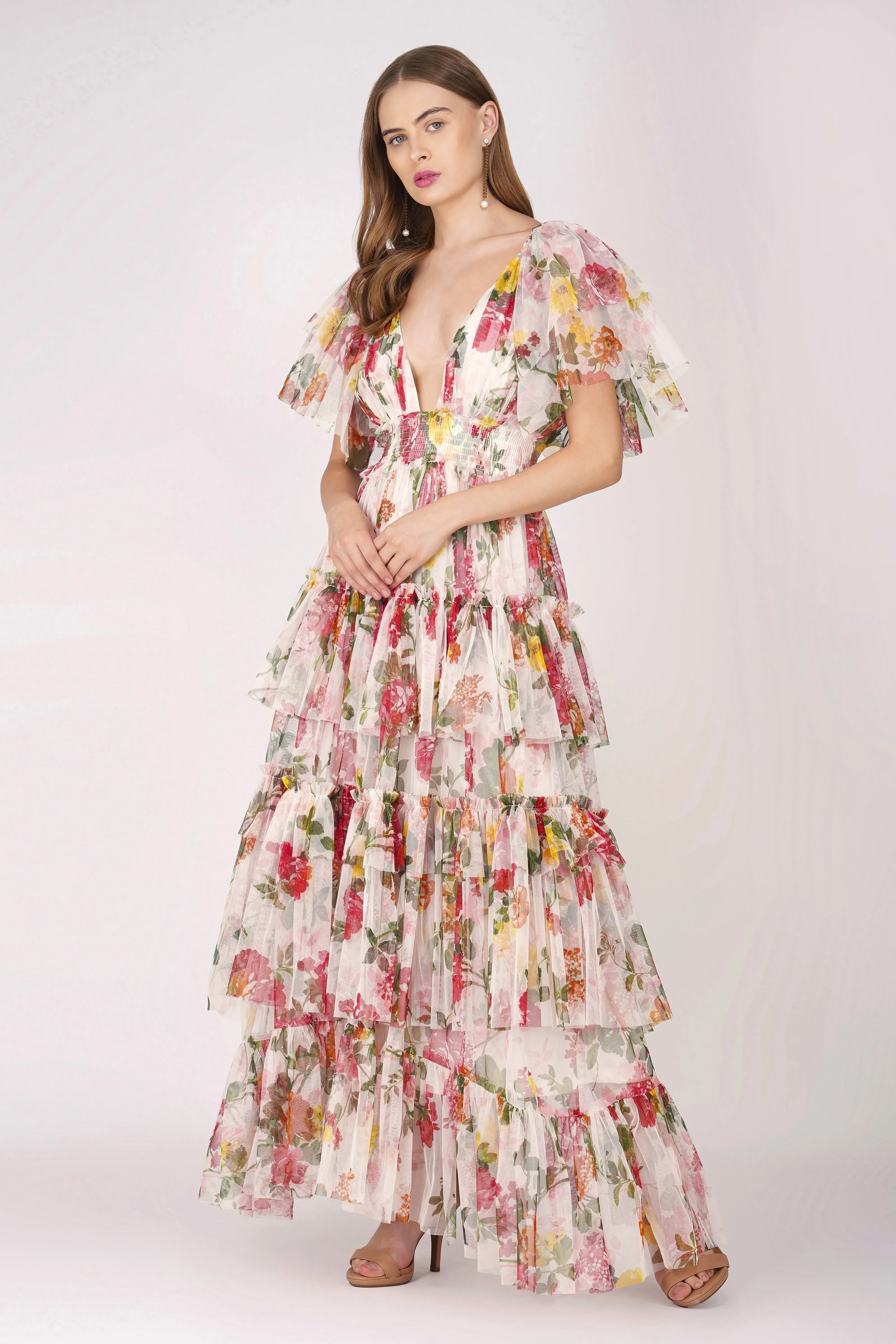 Jasmine Soft Tulle Maxi Dress in Floral Print sold by Lace & Beads