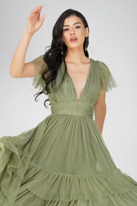 Madison Soft Olive Tulle Bridesmaid Midi Dress sold by Lace & Beads