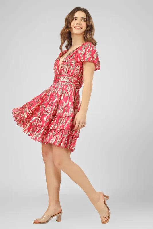 Madison Bright Pink Metallic Printed Mini Dress sold by Lace & Beads