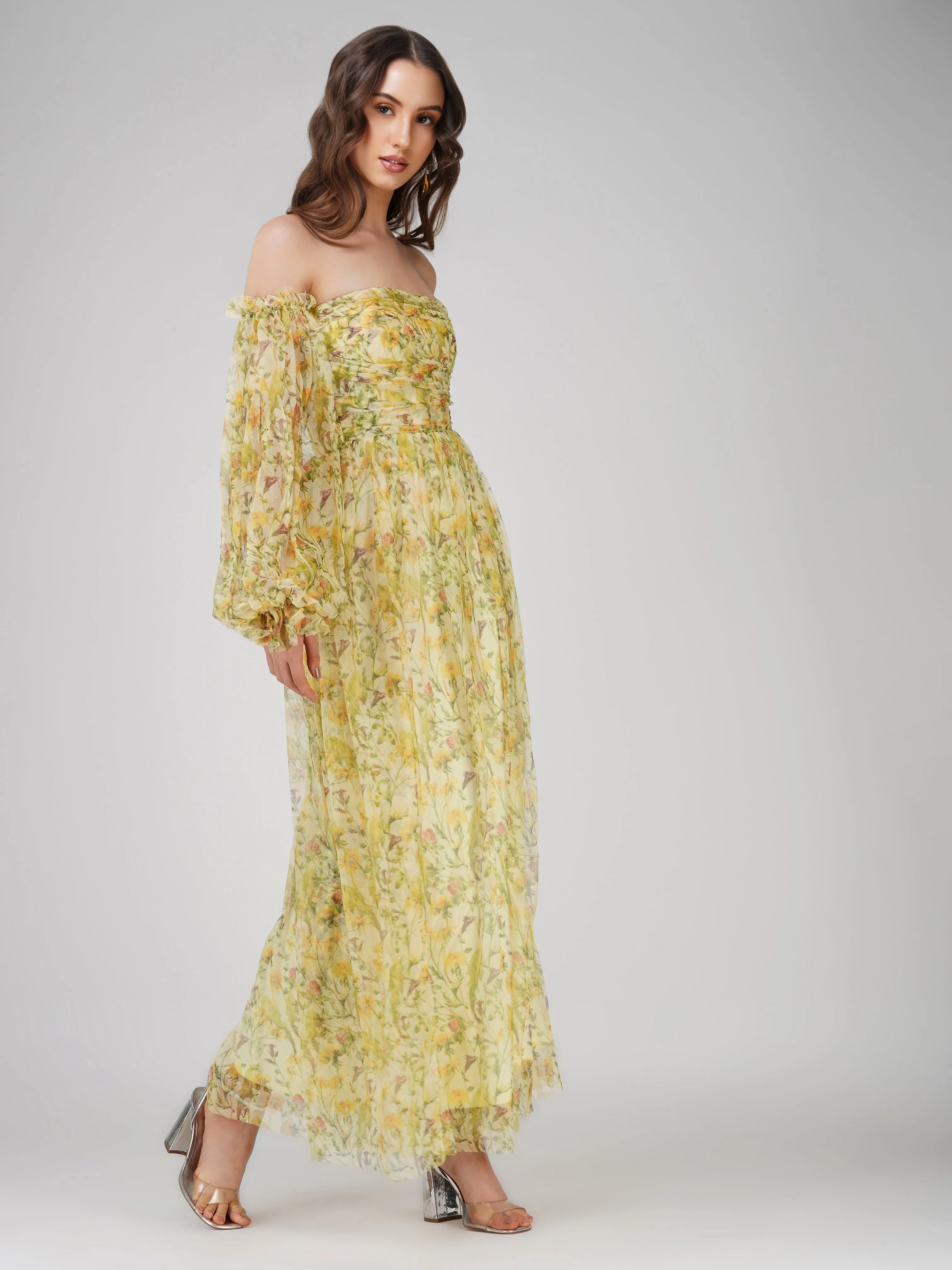 Lana Yellow Printed Tulle Maxi Dress sold by Lace & Beads product image thumbnail 4