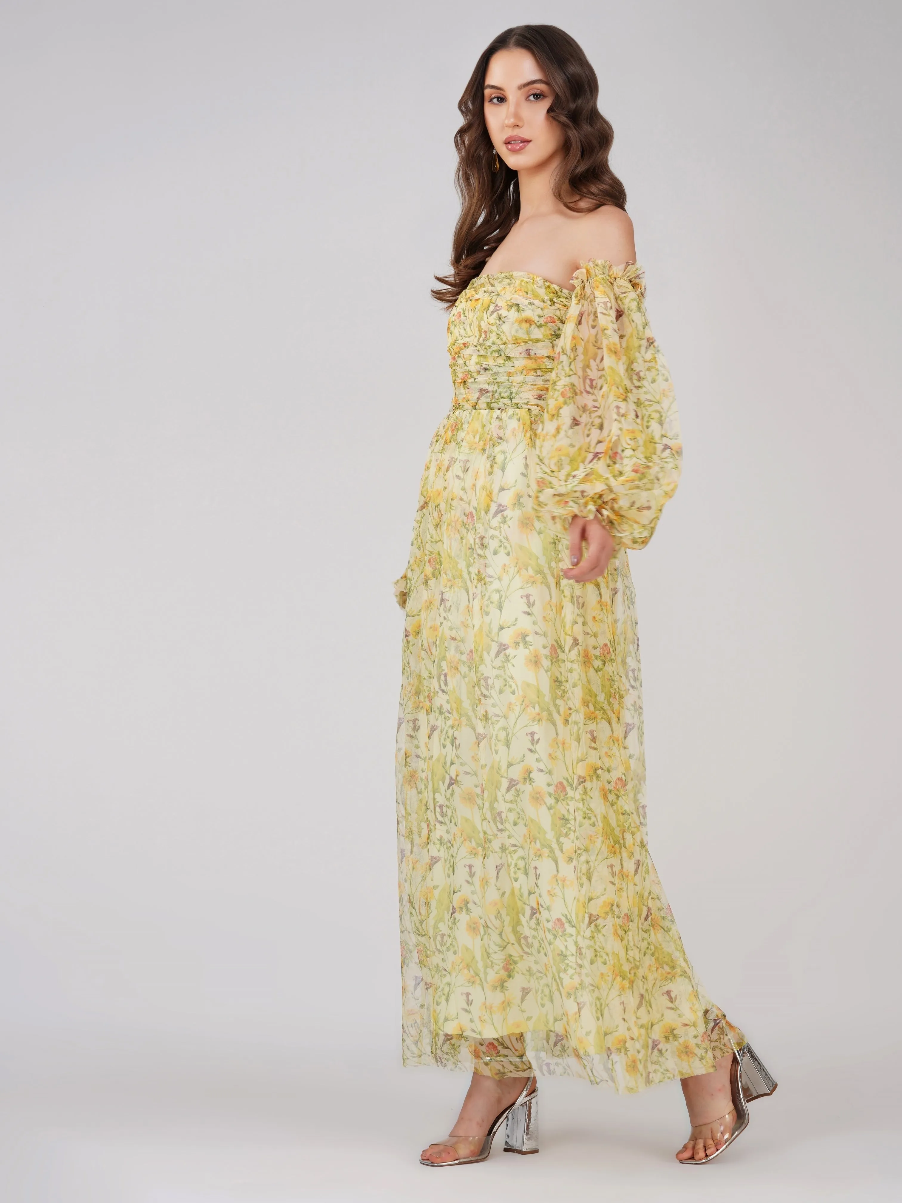 Lana Yellow Printed Tulle Maxi Dress sold by Lace & Beads product image thumbnail 5