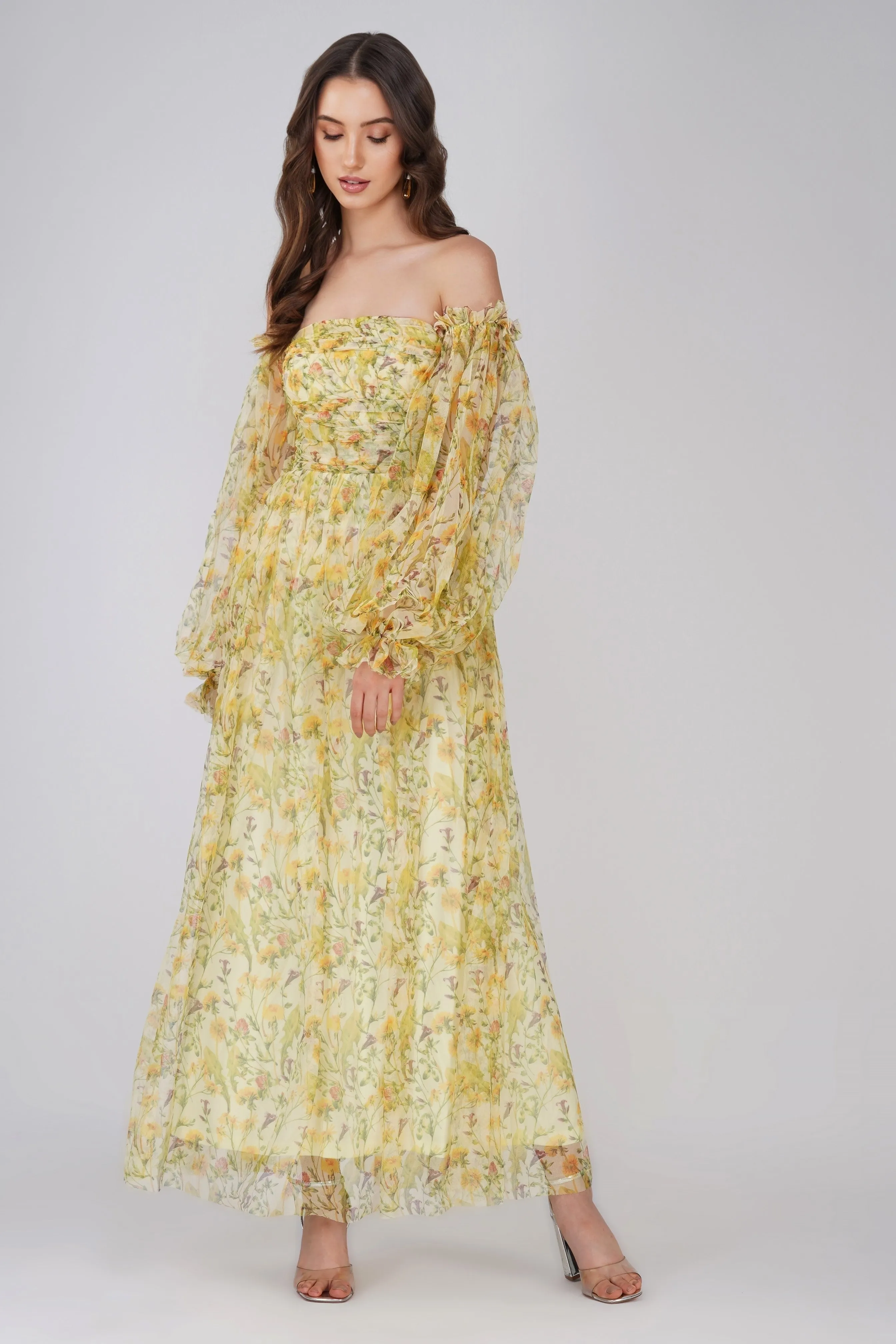 Lana Yellow Printed Tulle Maxi Dress sold by Lace & Beads