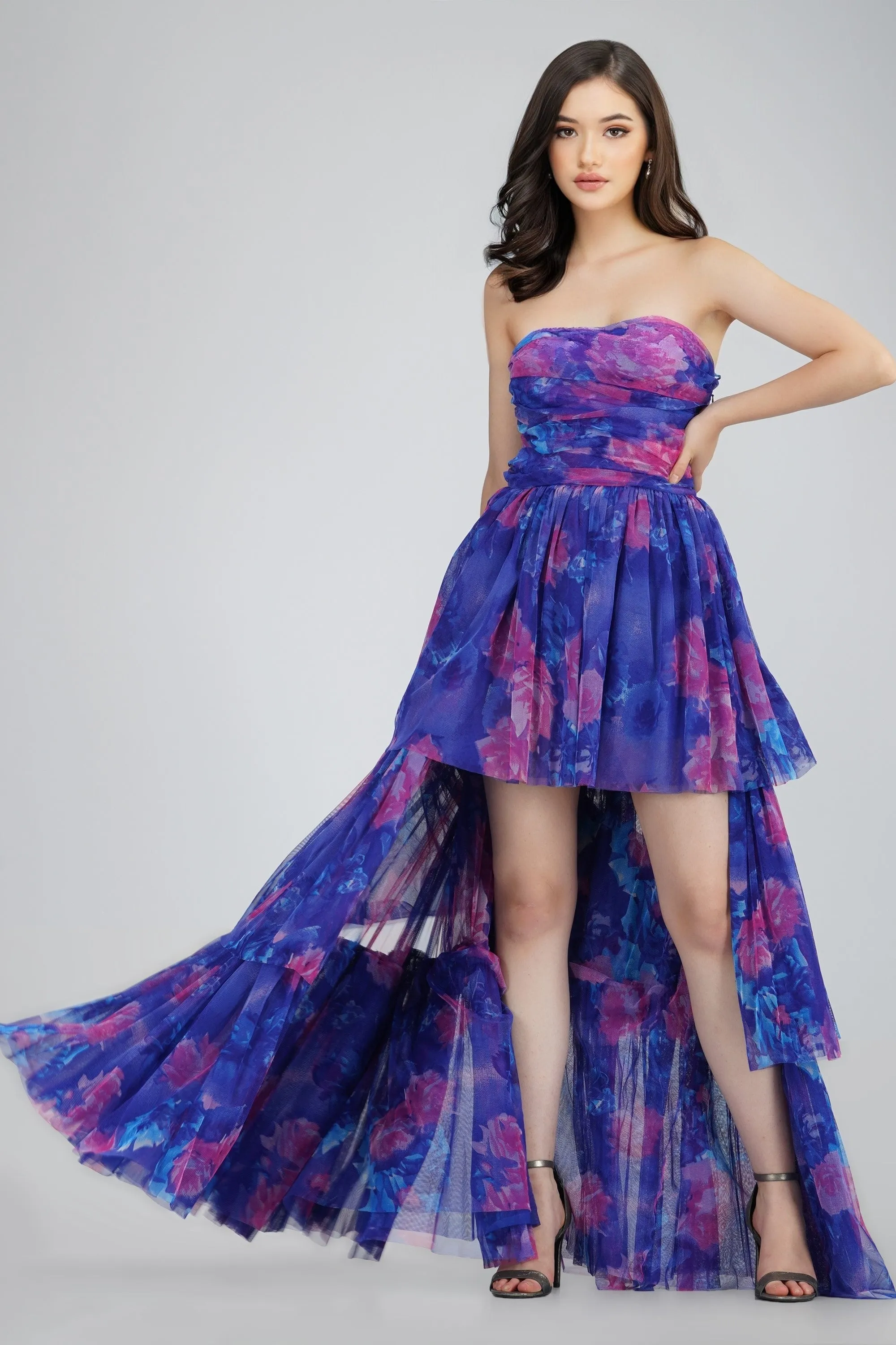 Shiloh High Low Tulle Dress in Blue Print sold by Lace & Beads