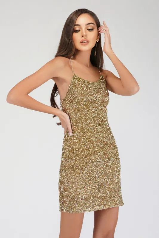 Amelle Gold Beaded Mini Dress sold by Lace & Beads