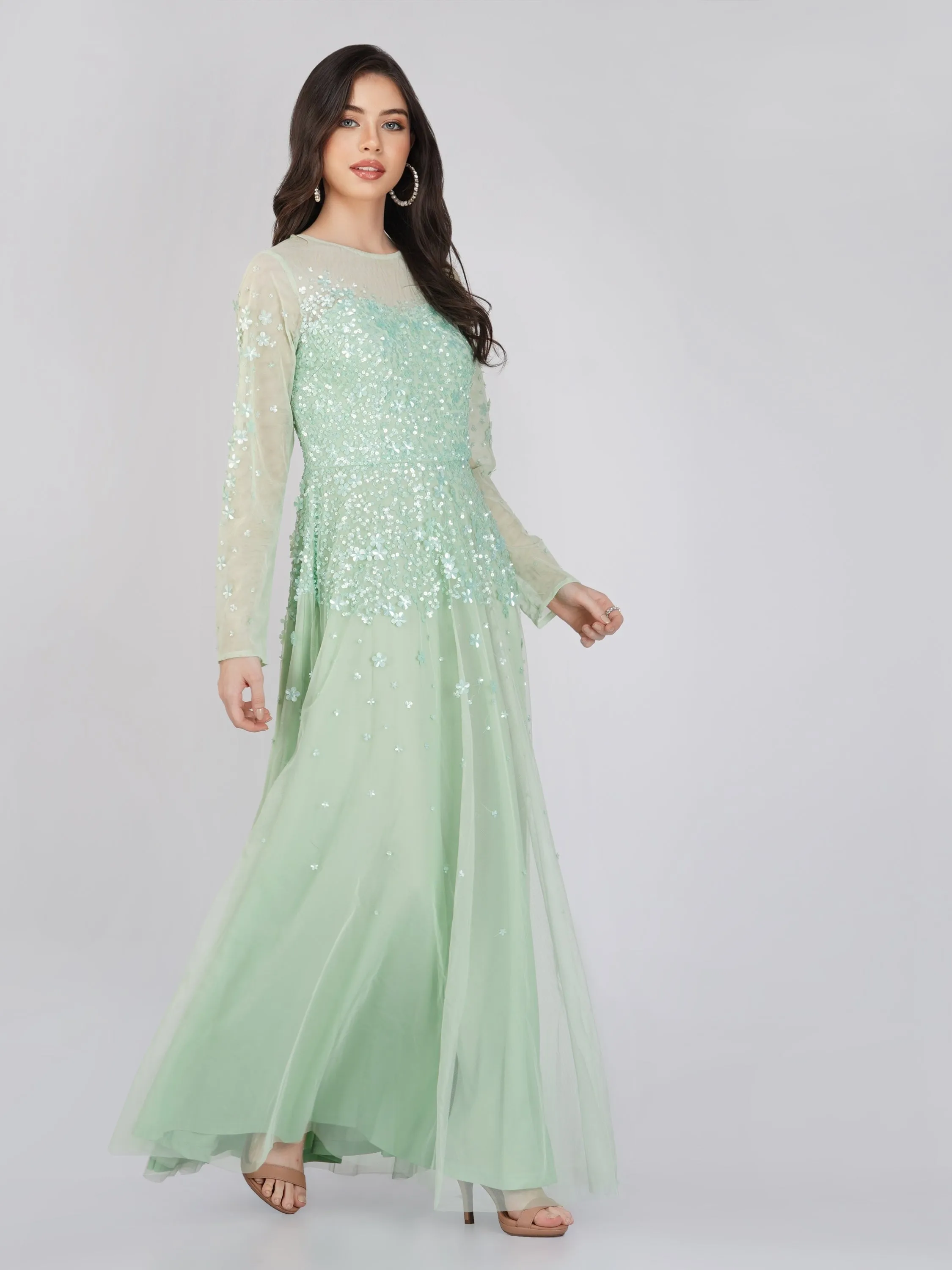 Luciene Long Sleeve Embellished Maxi Dress in Mint sold by Lace & Beads