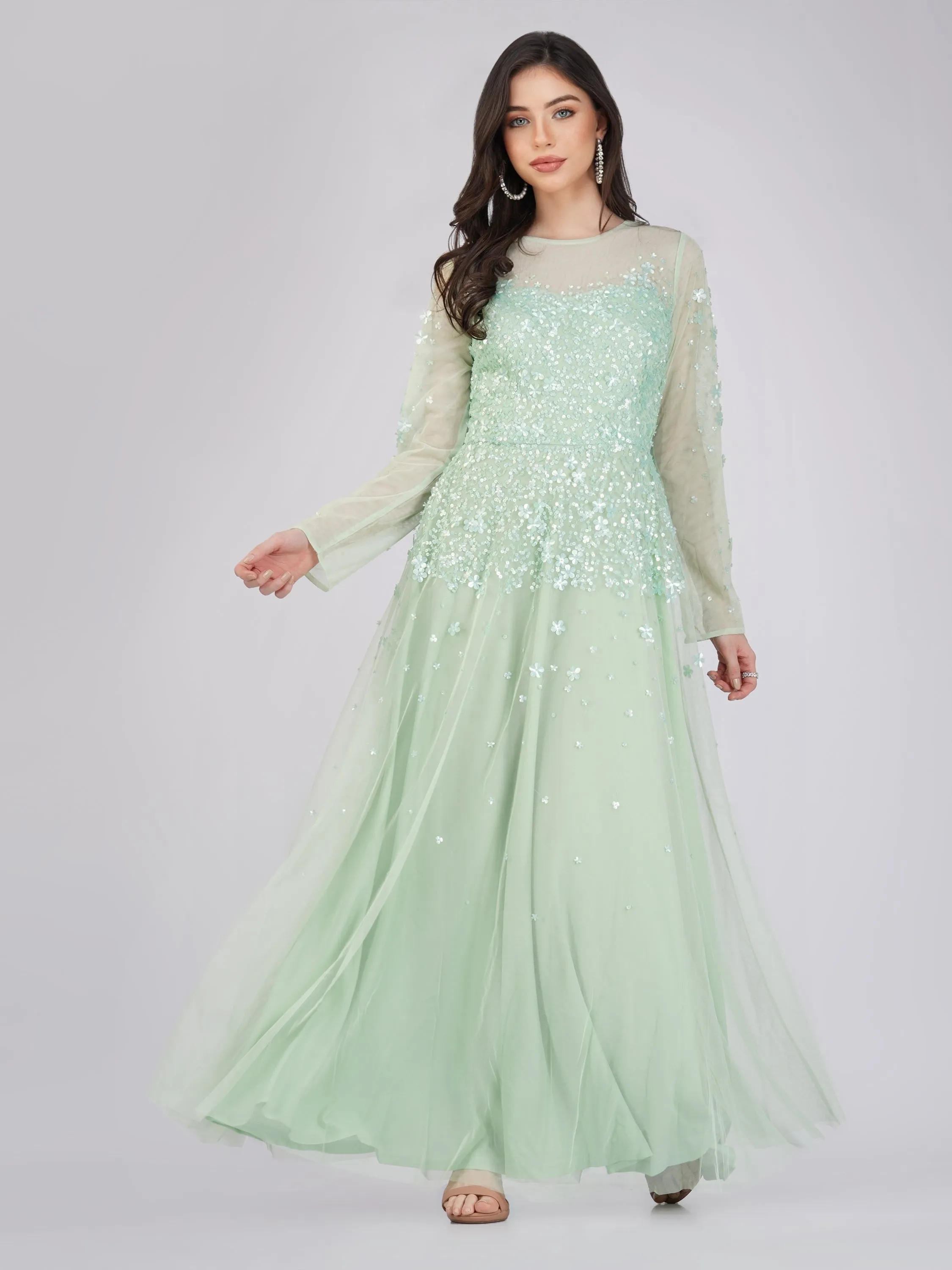 Luciene Long Sleeve Embellished Maxi Dress in Mint sold by Lace & Beads product image thumbnail 4