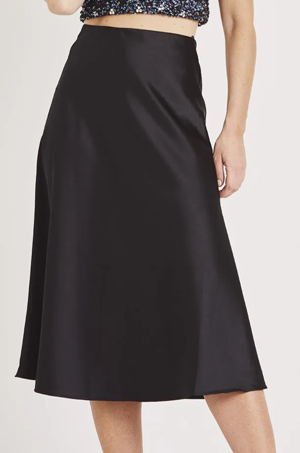 Sophie Black Satin Midi Skirt sold by Lace & Beads