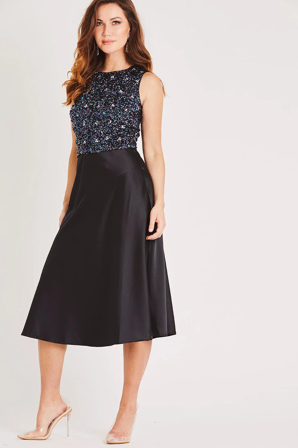 Sophie Black Satin Midi Skirt sold by Lace & Beads product image thumbnail 2