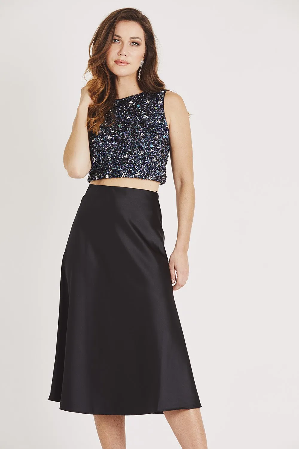 Sophie Black Satin Midi Skirt sold by Lace & Beads product image thumbnail 5