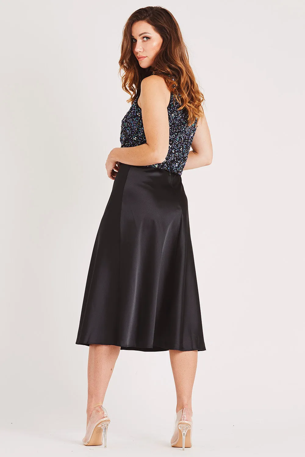 Sophie Black Satin Midi Skirt sold by Lace & Beads product image thumbnail 4