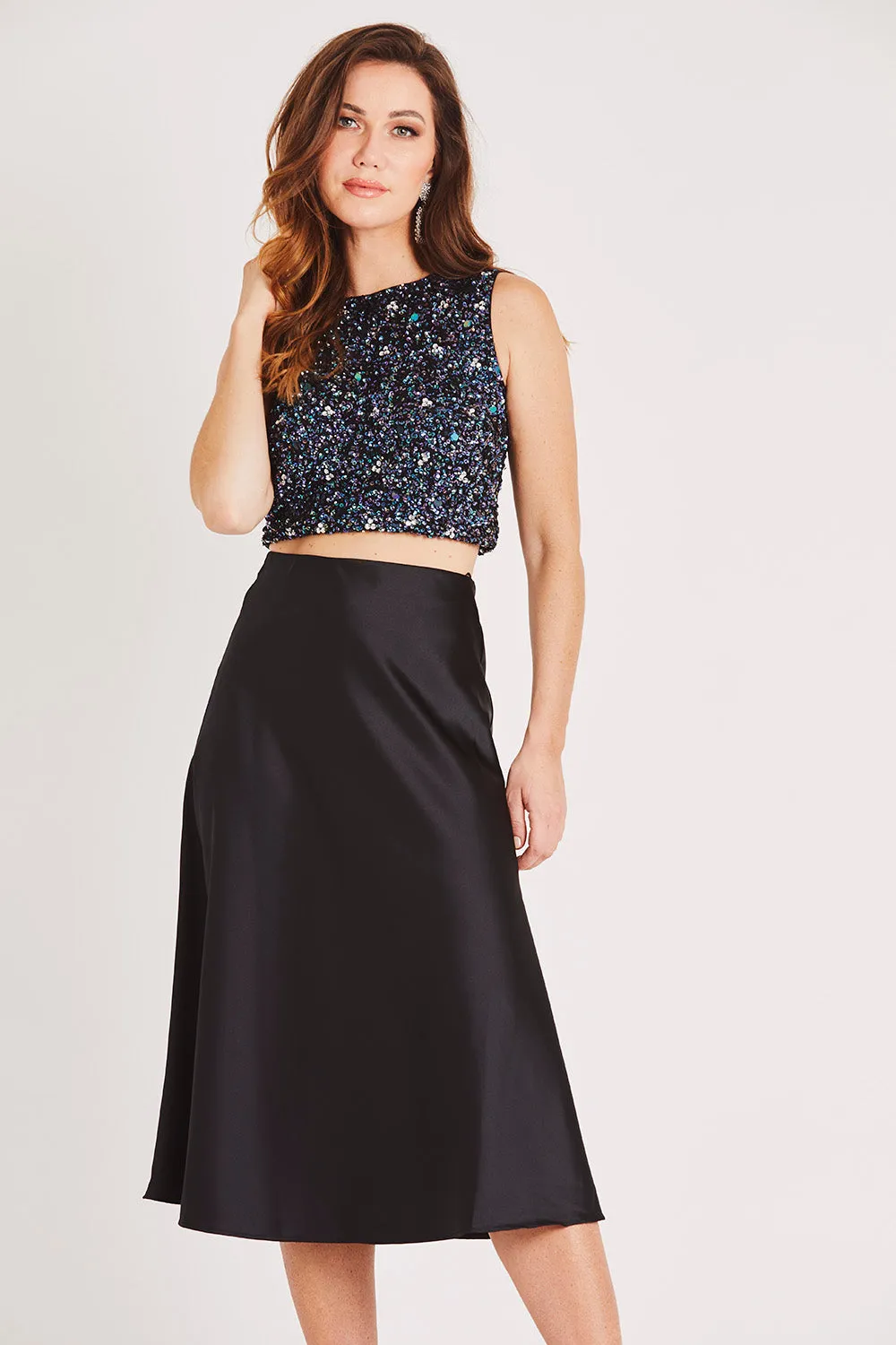 Sophie Black Satin Midi Skirt sold by Lace & Beads product image thumbnail 3