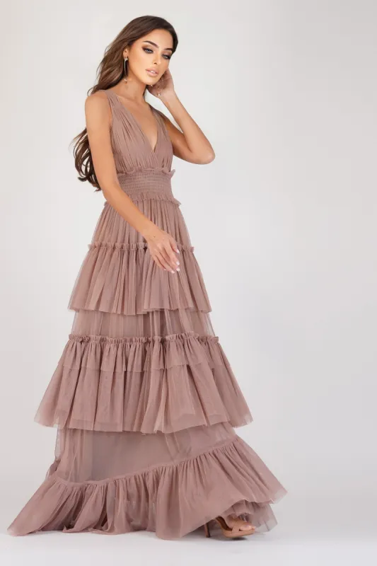 Luna Mink Tulle Plunge Maxi Dress made by Lace & Beads