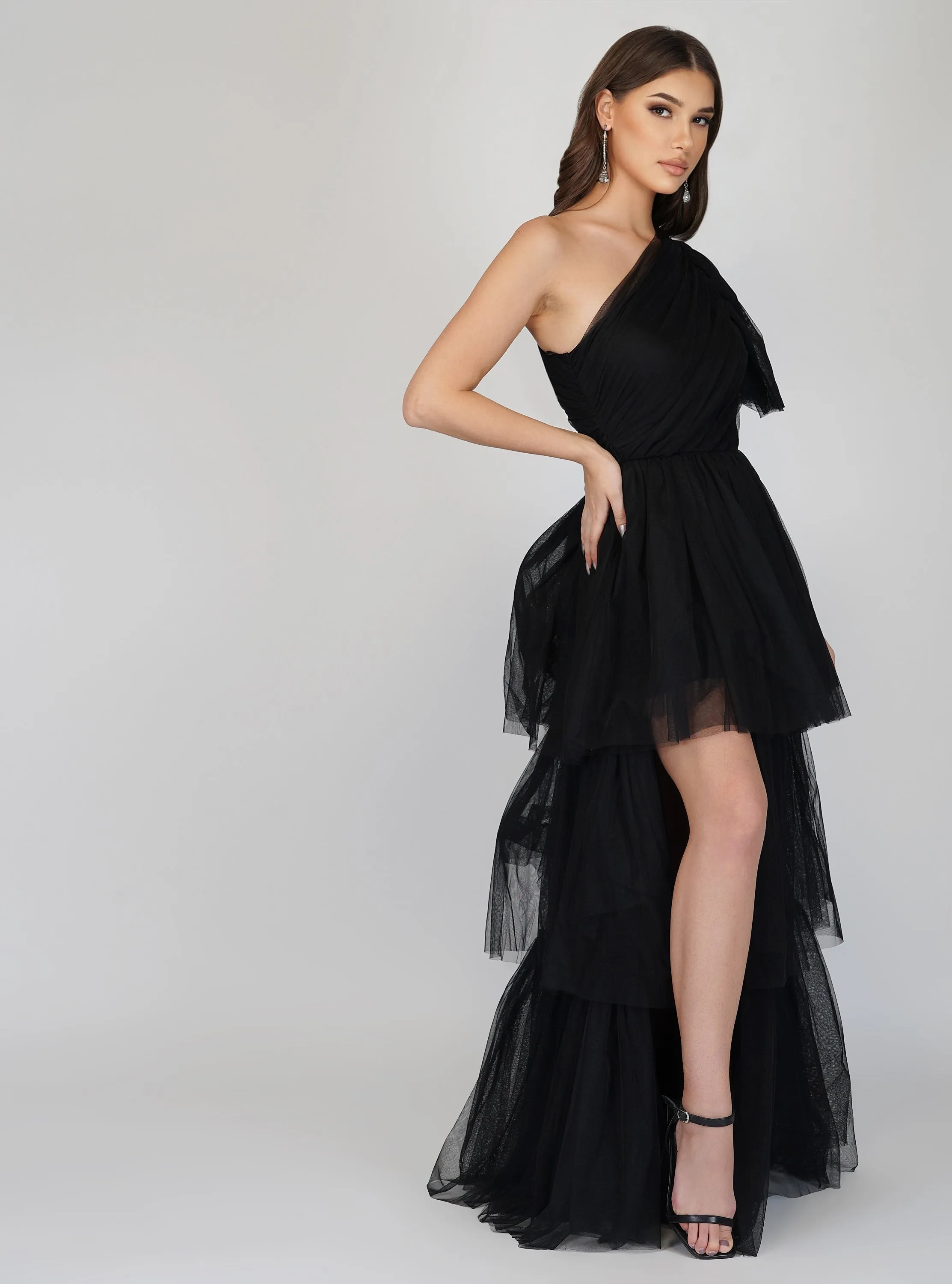 Rowena One Shoulder Tulle Gown in Black sold by Lace & Beads product image thumbnail 2