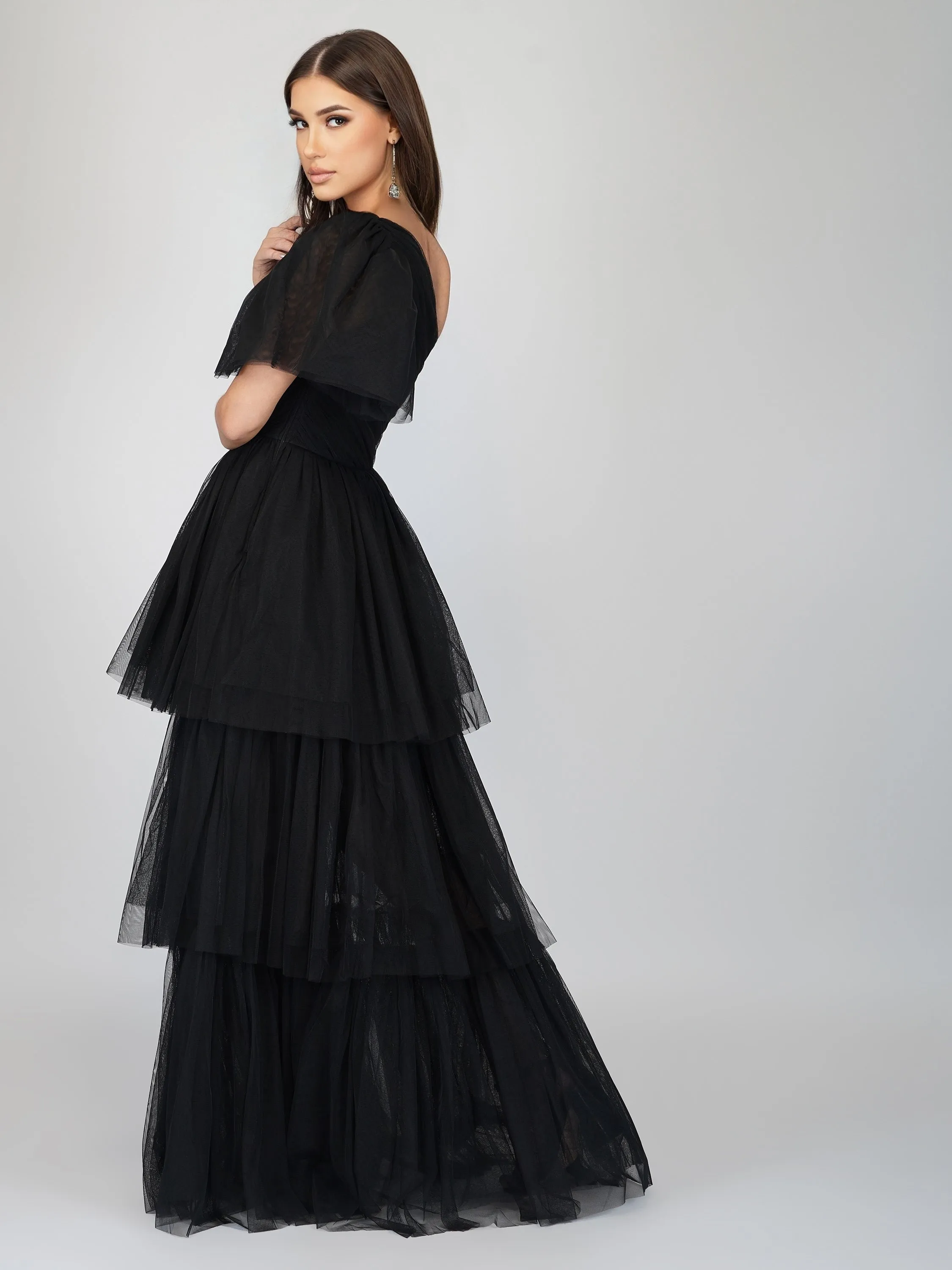Rowena One Shoulder Tulle Gown in Black sold by Lace & Beads product image thumbnail 4