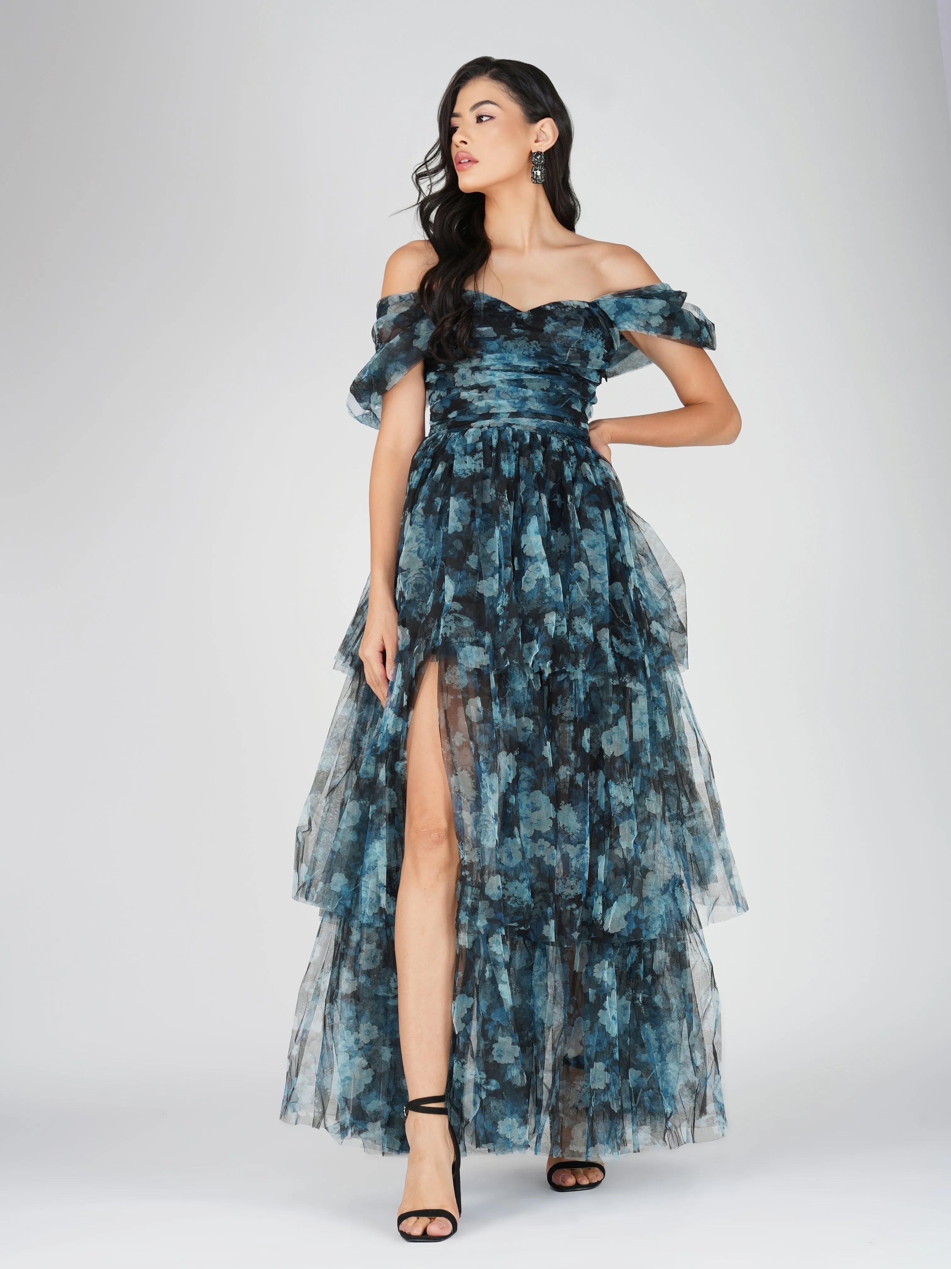 Sydney Tulle Maxi Dress in Blue Floral sold by Lace & Beads