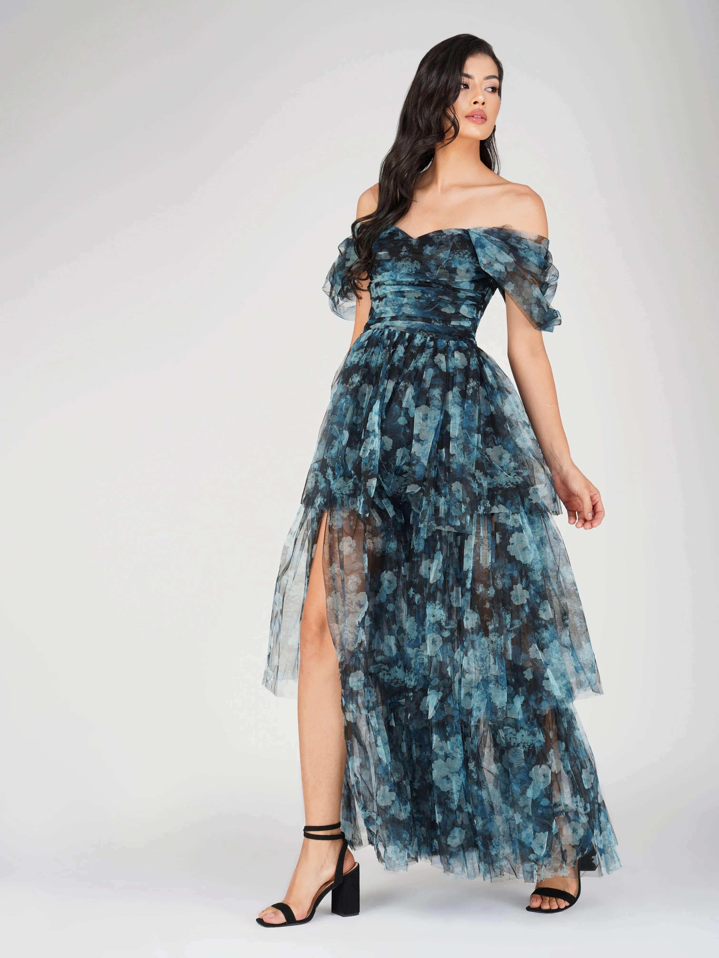 Sydney Tulle Maxi Dress in Blue Floral sold by Lace & Beads product image thumbnail 4