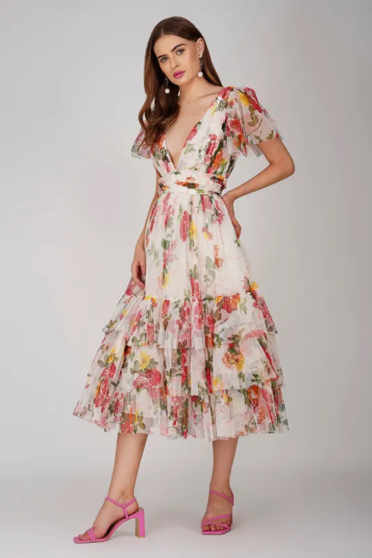 Madison Tulle Midi Dress in Floral Print sold by Lace & Beads
