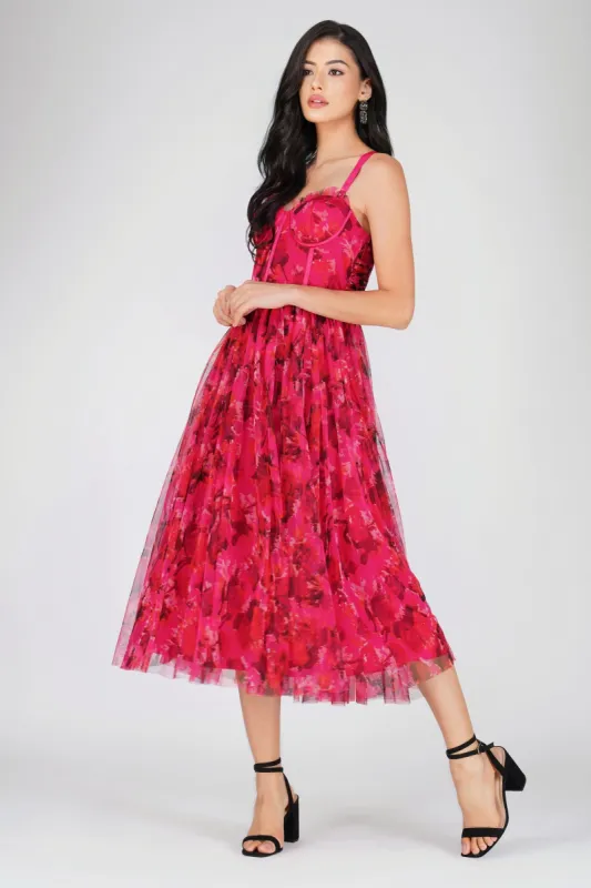 Dane Red Pink Corset Midi Dress sold by Lace & Beads