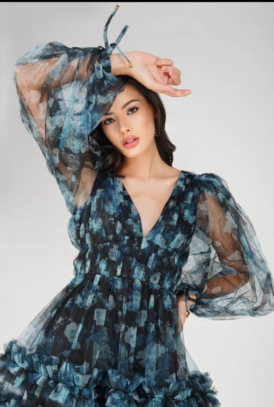 Rome Blue Floral Tulle Mini Dress sold by Lace & Beads
