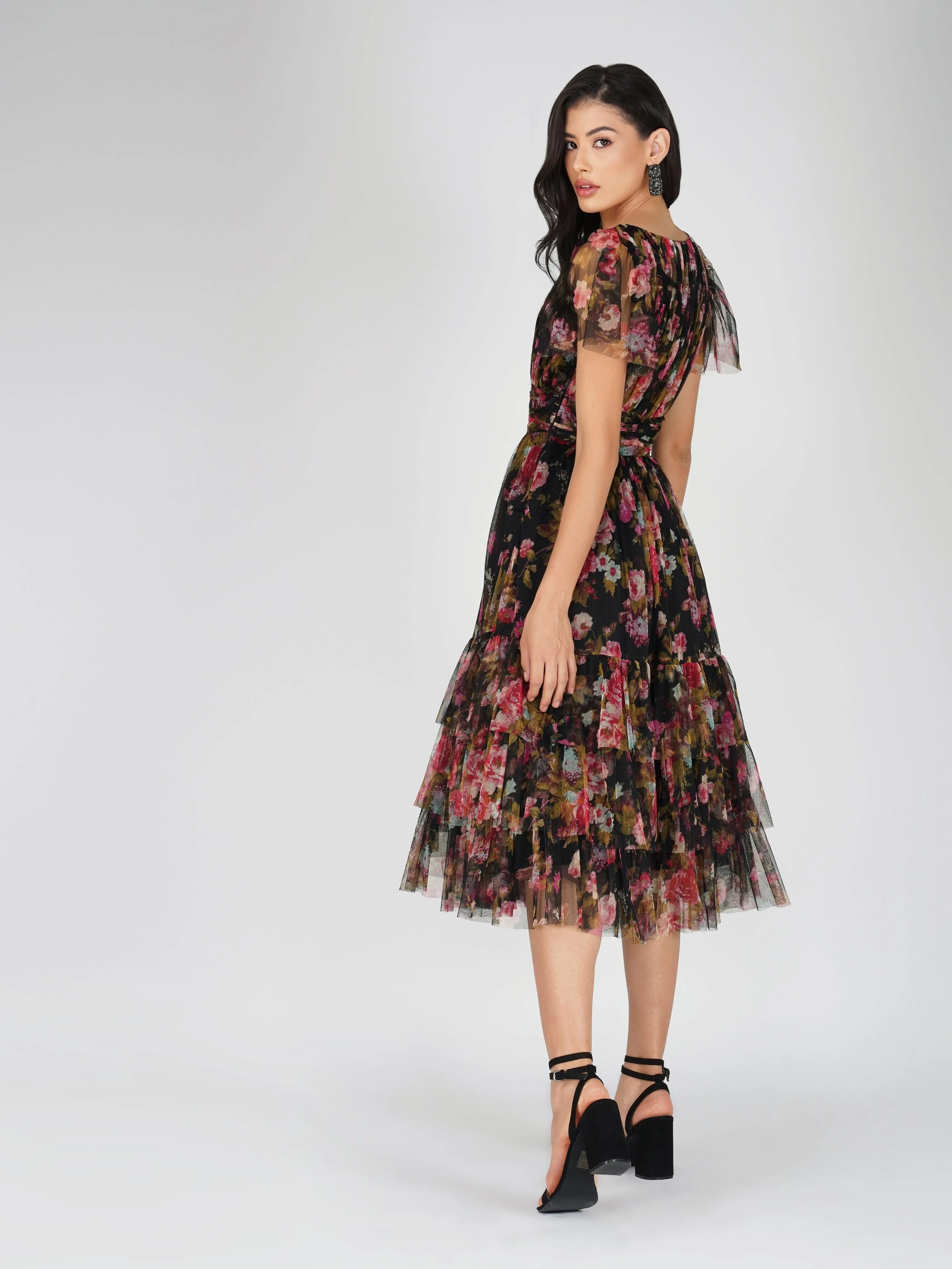 Madison Black Floral Tulle Midi Dress sold by Lace & Beads product image thumbnail 2