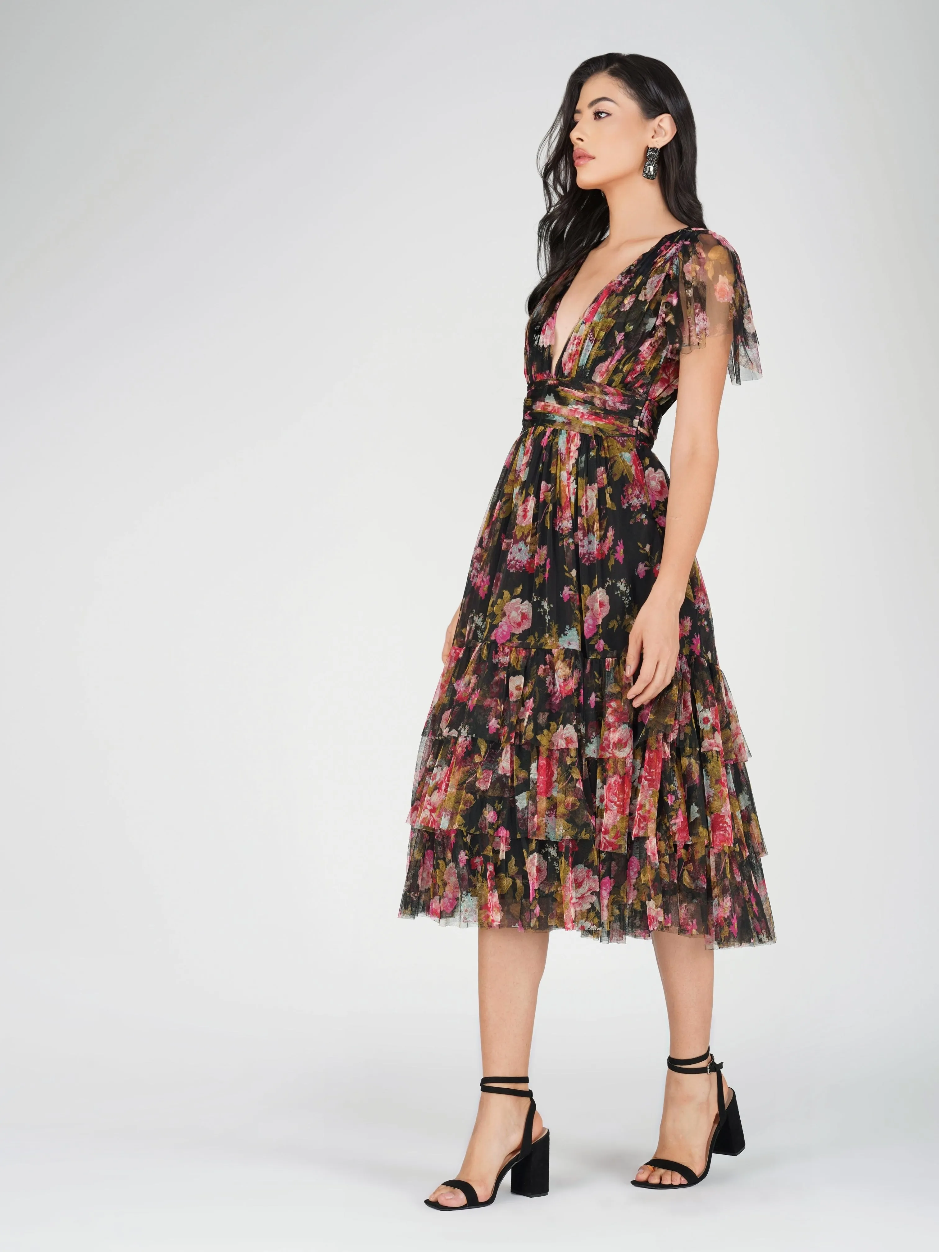Madison Black Floral Tulle Midi Dress sold by Lace & Beads product image thumbnail 4
