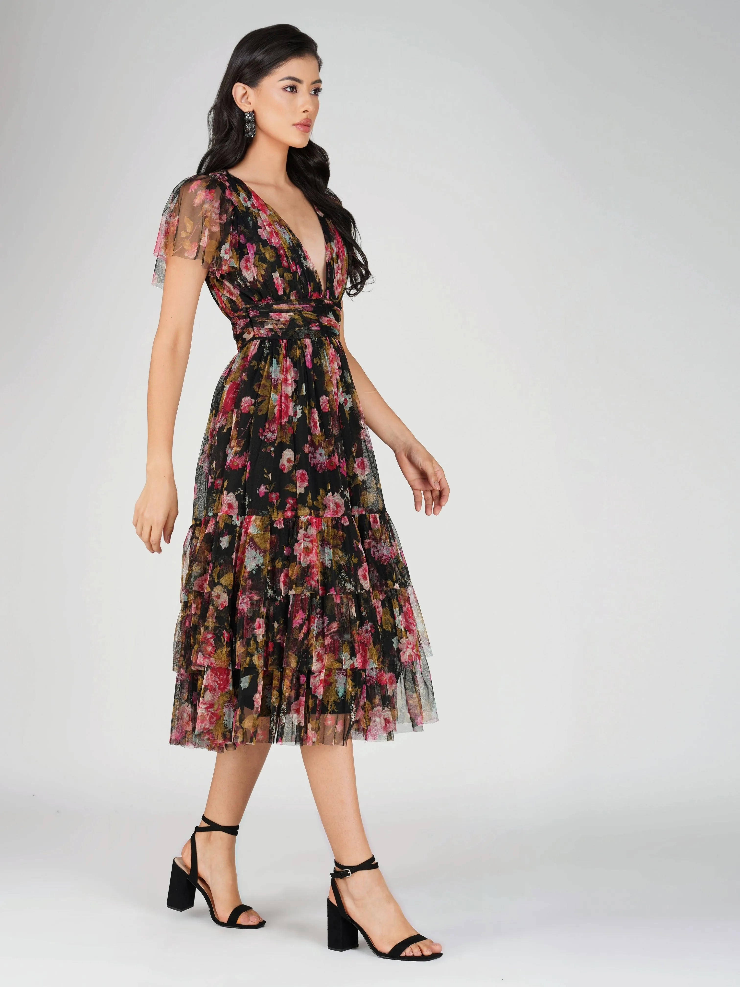 Madison Black Floral Tulle Midi Dress sold by Lace & Beads product image thumbnail 5