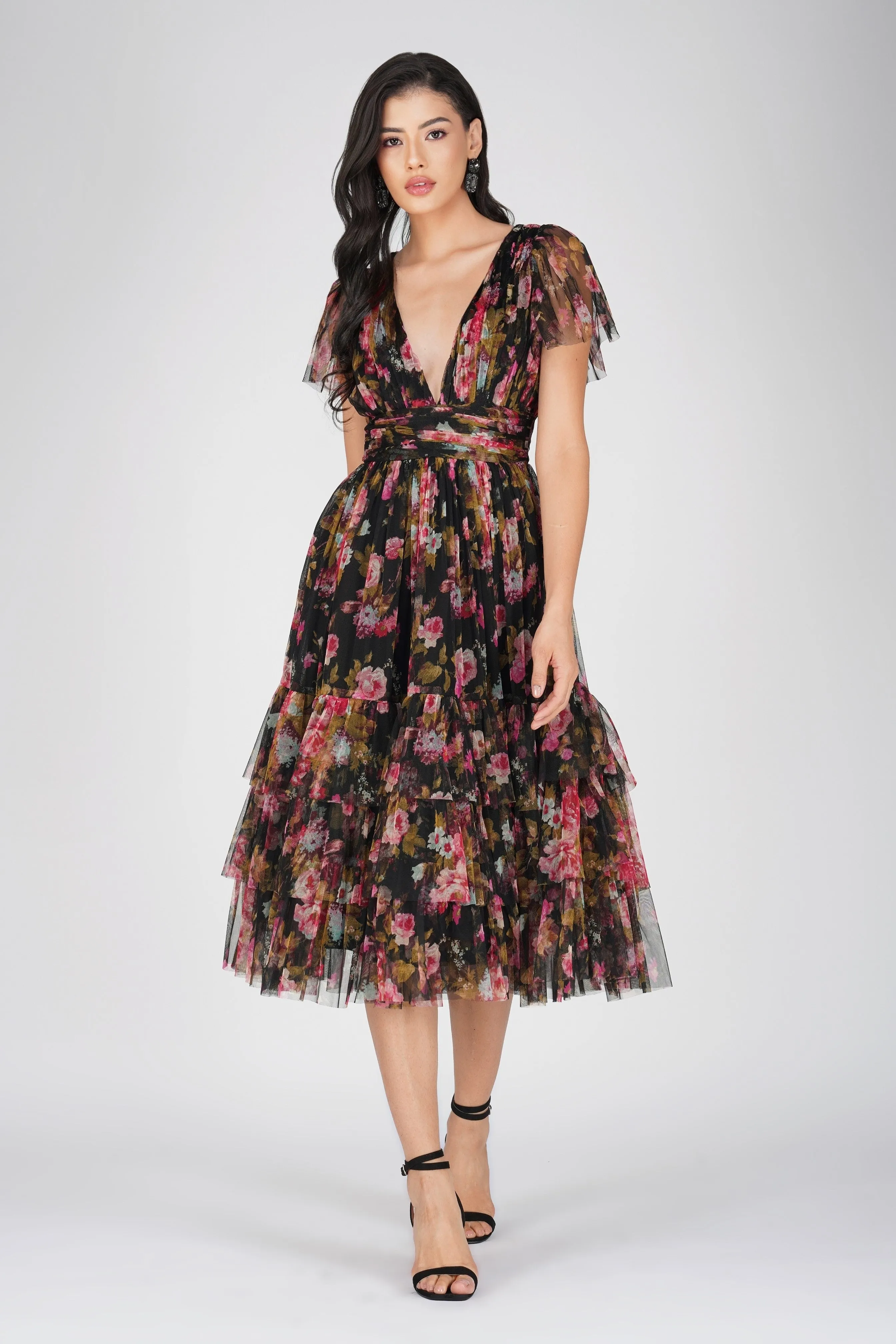Madison Black Floral Tulle Midi Dress sold by Lace & Beads